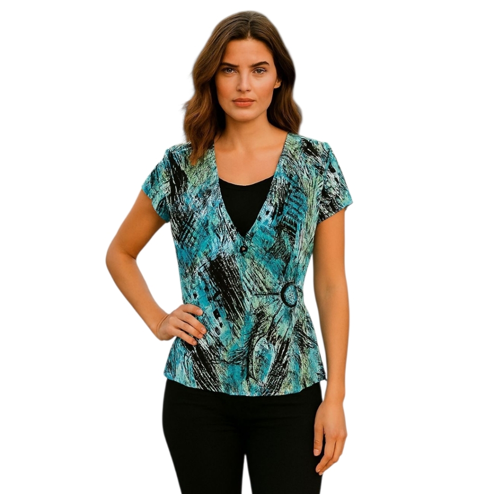 Notations Abstract Print Blouse w/ Buckle Detail